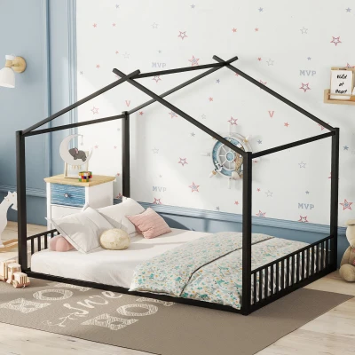 Cama para niño 140×200 cm, cama de hierro en forma de casa, sin colchón, Negro