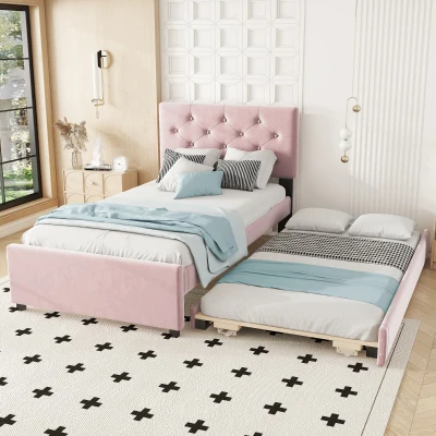 Letto imbottito con letto estraibile,90×200 cm, Rosa