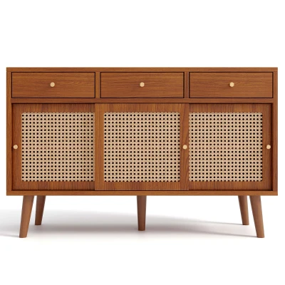 Sideboard 120 cm breit, Rattan Design mit verstellbaren Ablagen, massives Holzbein, für Wohnzimmer, Walnuss