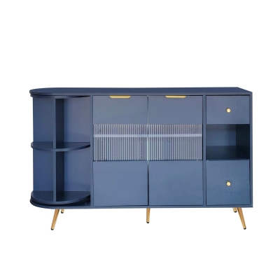 Sideboard Aufbewahrungsschränke mit Glastür und LED-Leuchten, Holzanrichte Freistehende Schränke, 130×40×80 cm, Blau