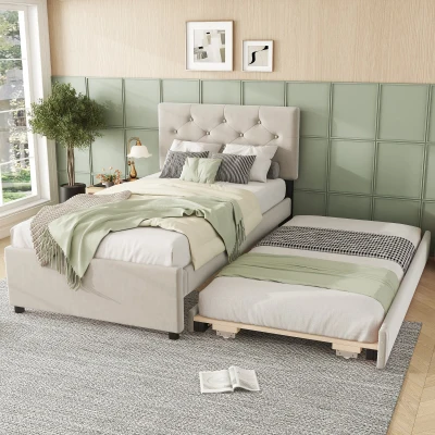 Cama nido 90x200 cm, con somier de láminas y cajón rodante, sin colchón, Beige