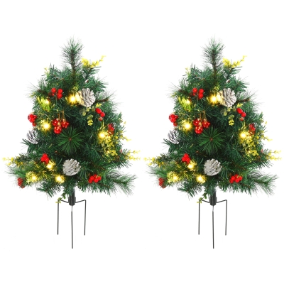 HOMCOM set van 2 kerstbomen mini kunstkerstboom met rode bessen LED IP44