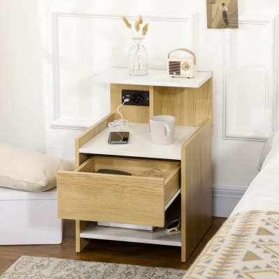 HOMCOM Mesa de Cabeceira Moderna Mesa de Cabeceira com Entrada USB Tomada Elétrica Gaveta e Prateleiras 40x40x60 cm Madeira