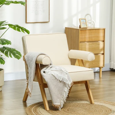 HOMCOM Poltrona Sala de Estar Poltrona Nórdica Poltrona Estofada em PU com Apoio para os Braços 73x70x80 cm Creme