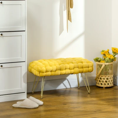 HOMCOM Banco Pie de Cama Tapizado en Terciopelo Reposapiés con Patas de Metal y Asiento Acolchado Amarillo