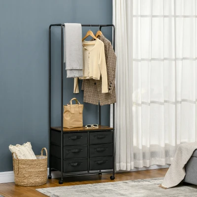 HOMCOM Industrial Hanging Clothes Rail, Clothes Rack with 6 Fabric Drawers, Open Wardrobe Organiser for Hallway, Bedroom and Closet, Rustic Brown