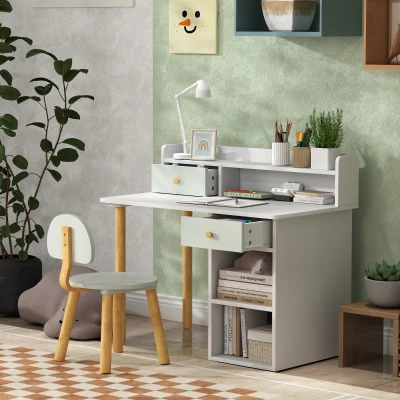 AIYAPLAY Conjunto de Secretária e Cadeira para Crianças Mesa de Estudo com Prateleiras e Gaveta Carga 80 kg 85x48x73 cm Verde