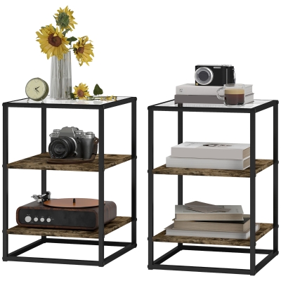 HOMCOM 2-delige Bijzettafelset met Glasplaat, 3-Niveaus Ontwerp, Metalen Frame, voor Woonkamer, Slaapkamer, Bruin