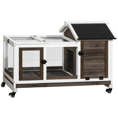 PawHut Wooden Rabbit Hutch, Guinea Pig Cage, with Removable Tray, Wheels - Brown