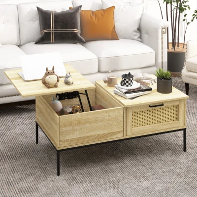 HOMCOM Table Basse Plateau Relevable 2 Tiroirs Naturel