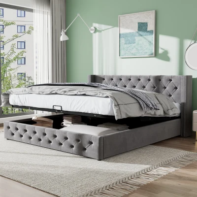 Cama tapizada con cajón hidráulico y somier, sin colchón, 140×200 cm, Gris