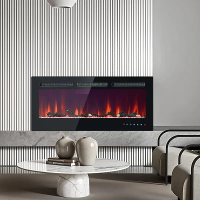 Chimenea eléctrica de pared y empotrable, juego de cristales y madera, control remoto y pantalla táctil, 106,5×46,5×12 cm, negro