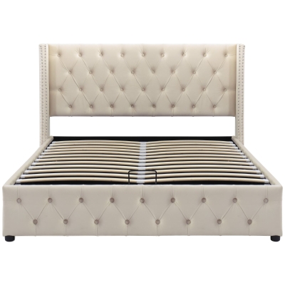 Cama tapizada con cajón hidráulico y somier, sin colchón, 140×200 cm, Beige