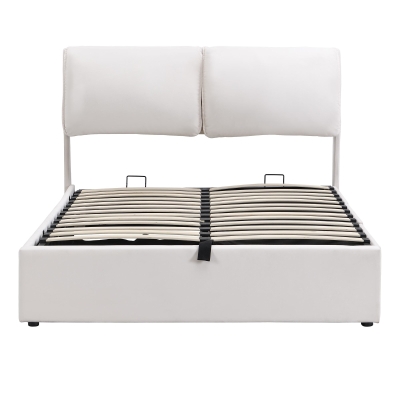 Cama tapizada con canapé hidráulico y tres cajones, somier con cabecero, sin colchón, 140x200 cm, Blanco