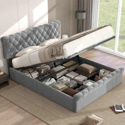 Cama tapizada con almacenamiento hidráulico y cabecero ajustable en altura, sin colchón, 140 x 200 cm, Gris