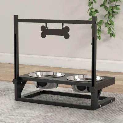 PawHut Comedouro Elevado para Cães com 2 Tigelas Altura Ajustável e 1 Peça de Metal com Formato de Osso 40,5x22x39 cm Preto