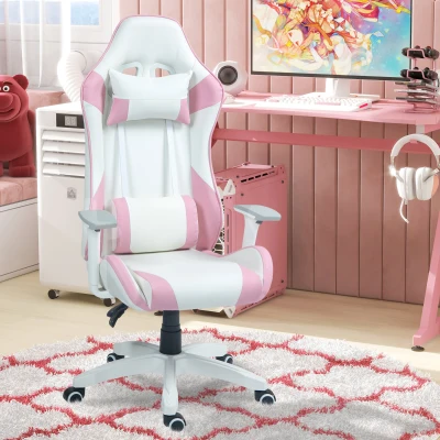 HOMCOM Cadeira Gaming Reclinável com Almofada Lombar Apoio de Cabeça Basculante e Altura Ajustável 67x60x120-128 cm Branco e Rosa