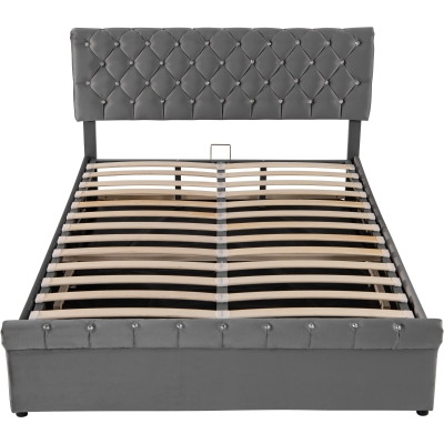 Cama tapizada con almacenamiento hidráulico y cabecero ajustable en altura, sin colchón, 140 x 200 cm, Gris