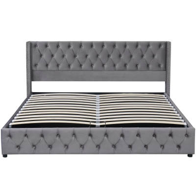 Cama tapizada con cajón hidráulico y somier, sin colchón, 140×200 cm, Gris
