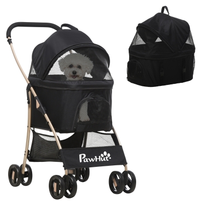 PawHut Carrinho para Animais de Estimação 3 em 1 Dobrável com Bolsa de Transporte Cesta de Armazenamento e Travão 82x49,5x98cm Preto