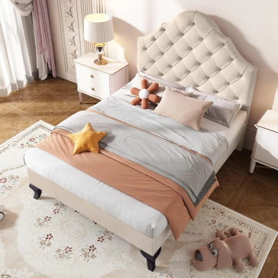 Cama tapizada con cabecero ajustable en altura y somier, sin colchón, 90×200 cm, Beige