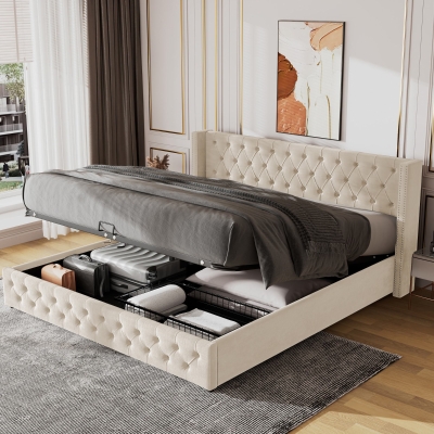 Cama tapizada con cajón hidráulico y somier, sin colchón, 140×200 cm, Beige