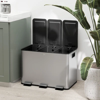 HOMCOM Balde de Lixo de Cozinha com 3 Compartimentos 3x10L com Pedais Tampas com Fechamento Suave e Cubo Amovível Prata