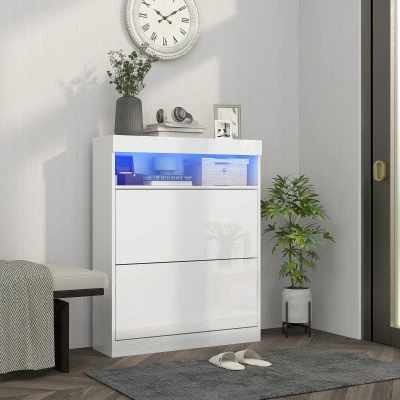HOMCOM Móvel Sapateira de Entrada com Luzes LED Prateleira Aberta e 2 Gavetas Basculantes para 12-16 Pares 80x24x99,5 cm Branco Brilhante