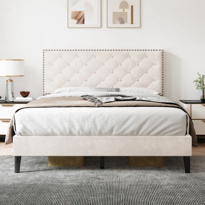Double Upholstered Velvet Bedstead with Button-Tufted Headboard, Beige