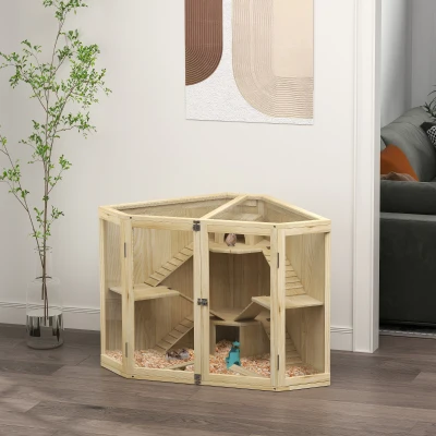 PawHut Klatka dla chomików, projekt z 4 poziomami, z stacją żywieniową, huśtawką, pochylnią, chatkami, 115 x 69,5 x 79 cm, drewno