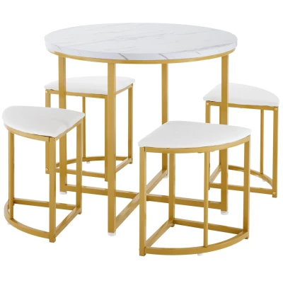5 Piece Modern Marble Dining Table and Chair Set with Semi-Circular Stools, Gold+White