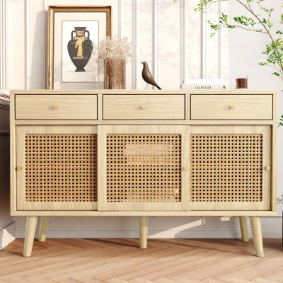 Modern Retro Rattan Door Sideboard with Adjustable Shelves, Light Oak