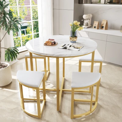 5 Piece Modern Marble Dining Table and Chair Set with Semi-Circular Stools, Gold+White