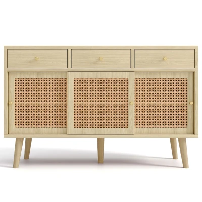 Modern Retro Rattan Door Sideboard with Adjustable Shelves, Light Oak