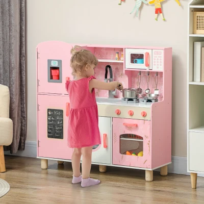 AIYAPLAY Cozinha de Madeira para Crianças com Sons Fogão Forno Micro-Ondas Máquina de Gelo e Acessórios 90x33,3x91,6 cm Rosa