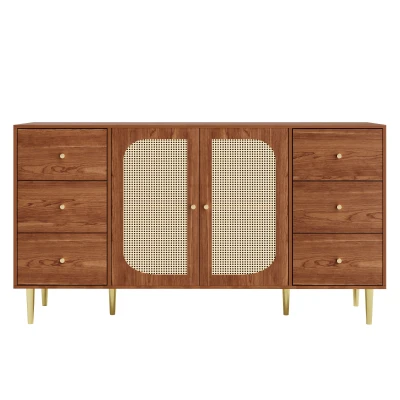 Modern Sideboard with Rattan Door Design, Natural Walnut