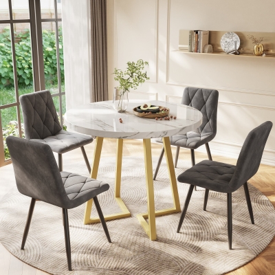 Modern Round Dining Table with Marble Pattern and Gold Metal Frame, Gold+White