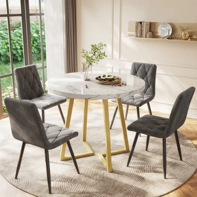 Modern Round Dining Table with Marble Pattern and Gold Metal Frame, Gold+White