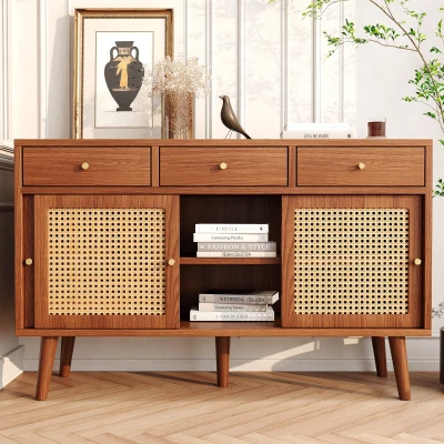 Retro Wooden Sideboard with Rattan Door Design, Natural Walnut