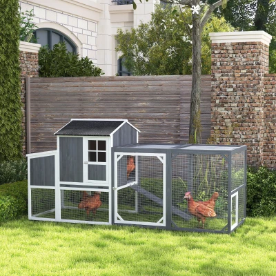 PawHut Kippenren met Uitloop voor 3-4 Kippen, 3-Delige Nestkast, 1,9 m² Oppervlak, Dennenhout, Grijs
