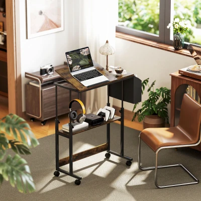 HOMCOM In hoogte verstelbaar sta-bureau met kantelbaar blad, wielen, opbergschap, voor schrijven, lezen, tekenen, Bruin