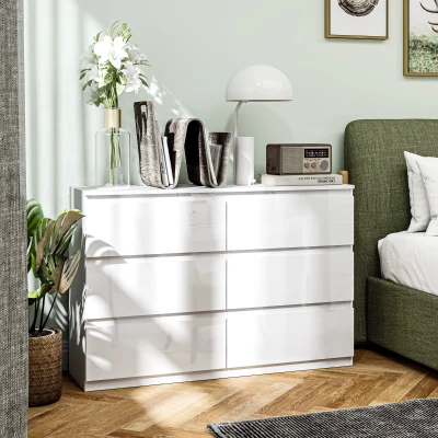 HOMCOM Cómoda com 6 Gavetas de Madeira Cómoda de Dormitório Cómoda Branca Estilo Moderno 112x34x75 cm Branco Brilhante