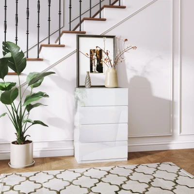 HOMCOM Cómoda com 4 Gavetas de Madeira Cómoda de Dormitório Cómoda Branca Estilo Moderno 55x33x80 cm Branco Brilhante