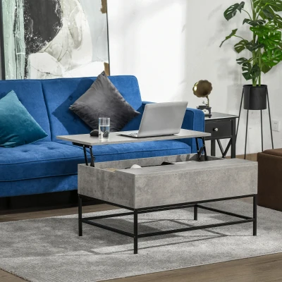 HOMCOM Mesa de Centro Elevável Mesa de Café Versátil com Armazenamento Oculto Pés de Metal 90x60,5x45,5 cm Cinzento e Preto