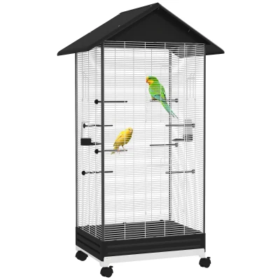 PawHut Colivie pentru păsări cu roți și tavă detașabilă, volieră înaltă de 155 cm, cu stinghii și hrănitoare, neagră