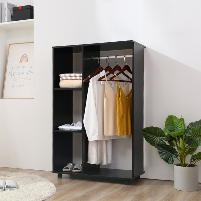 HOMCOM Roupeiro de Madeira Móvel Armário Roupeiro Aberto com Barra para Pendurar e 3 Prateleiras Organizadoras 80x40x128 cm Preto