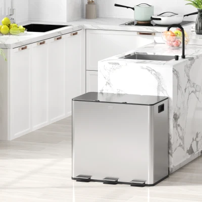 HOMCOM Balde de Lixo de Cozinha com 3 Compartimentos 3x15L com Pedais Tampas com Fechamento Suave e Cubo Amovível Prata