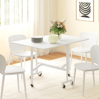 HOMCOM Mesa Dobrável de Cozinha para 4-6 Pessoas Mesa de Sala de Jantar Dobrável com Rodas e Laterais Dobráveis 120x80x73 cm Branco