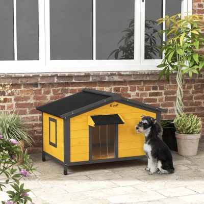 PawHut Casa para Cães de Madeira Casa para Animais de Estimação com Teto Asfáltico 2 Janelas Porta com Cortina 97x72x65 cm Madeira