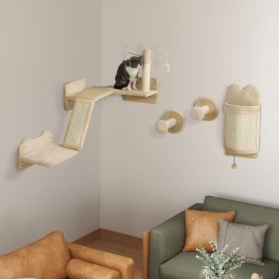 PawHut Prateiras de Parede para Gatos de 4 Peças Arranhador de Parede para Gatos com Postes de Sisal Plataforma de Salto Bege